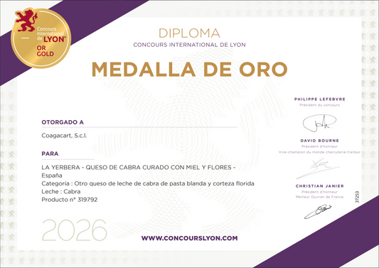 Ganamos la Medalla de Oro en el Concours International de Lyon 2026 con nuestro Queso de Cabra Curado con Miel y Flores